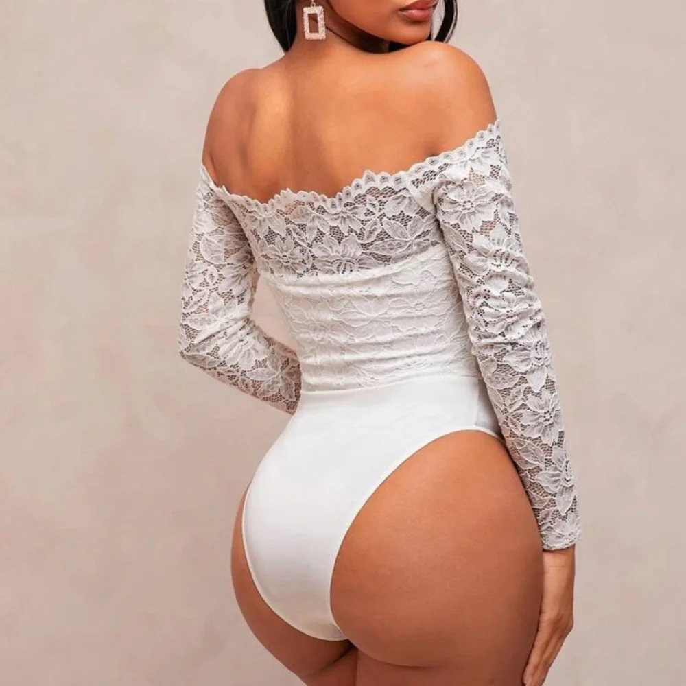 Elegant White Lace Off-Shoulder Bodysuit - Picture 2 of 7